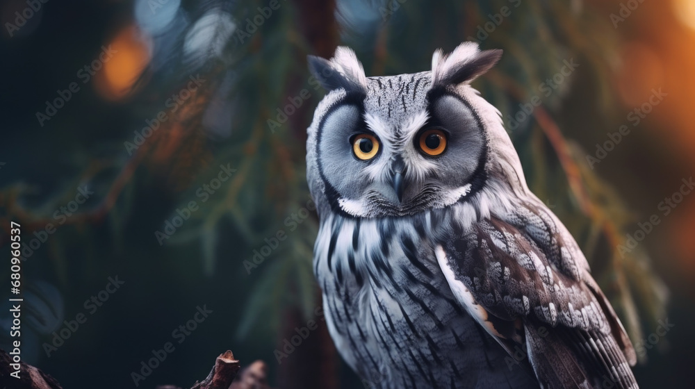 A close up of a Northern White Faced Owl, perched on moss covered post.=- A close up of a Northern White Faced Owl, perched on moss covered post.=-