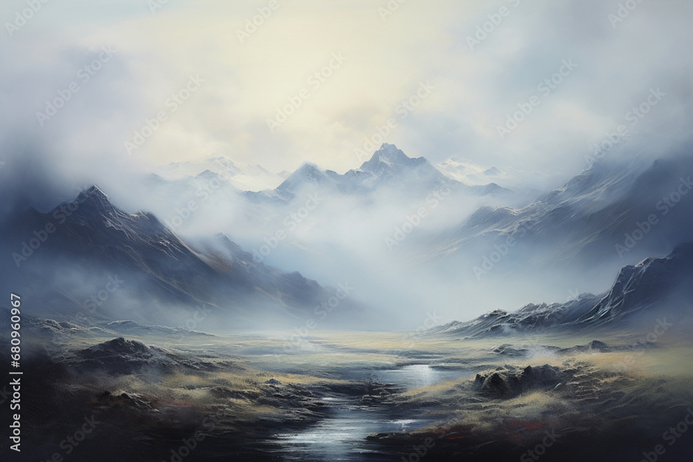 A misty morning in the mountains, oil painting