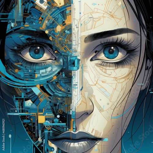 future woman with cyber technology eye panel, snyth wave