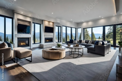 Beautiful living room interior in new modern luxury home with large bank of windows showcasing exterior view. Features large stone fireplace surround and roaring fire