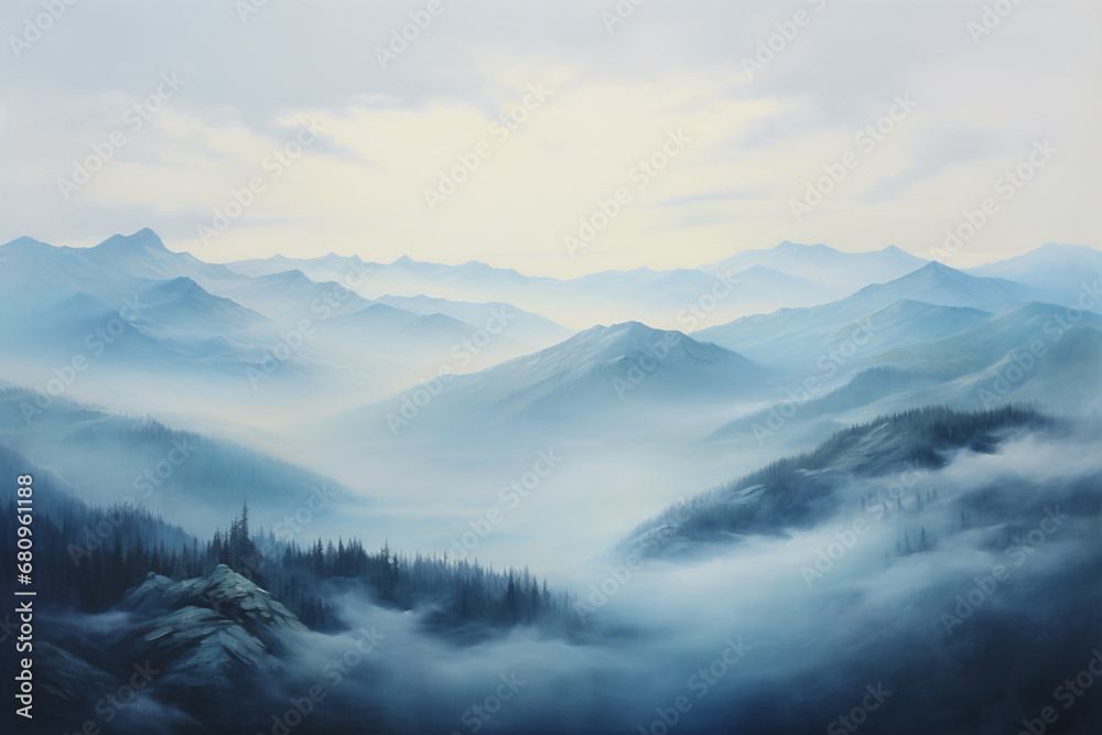 A misty morning in the mountains, oil painting