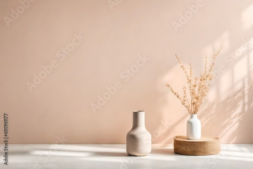 Boho beige copy space background. Monochrome minimalist empty table with vase. Wall scene mockup product for showcase