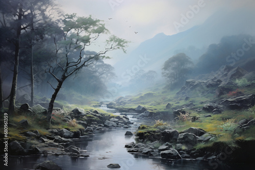 A misty morning in the mountains, oil painting