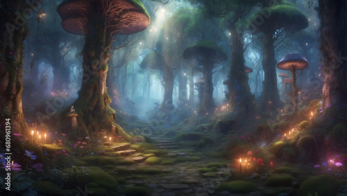 Mystical fairy forest with forest inhabitants and lights and mushrooms
