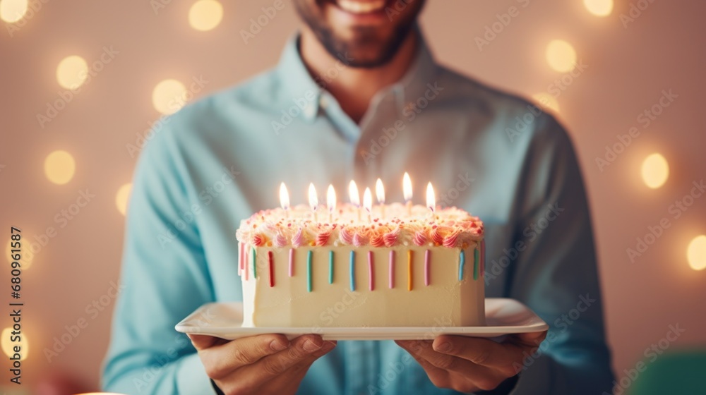 Happy birthday to you happy man holding a cake with lit candles, AI