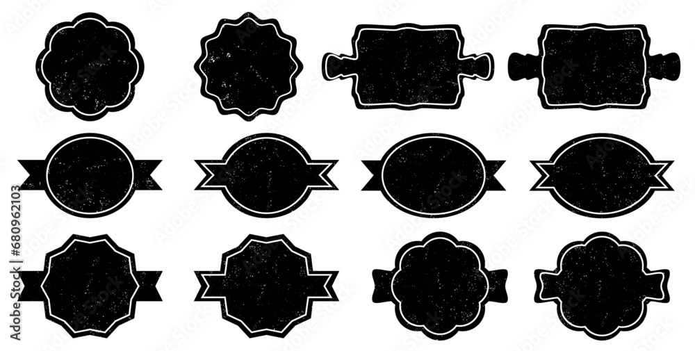 Set de etiquetas con textura grunge, pegatinas o marcos decorativos vintage y retro. Insignia de boda, pegatina de venta  o descuento, tarjeta de invitación. Conjunto de símbolos vectoriales