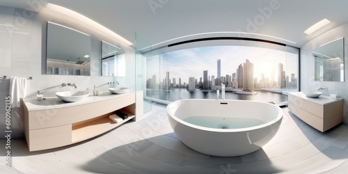360 spherical panorama of a bathroom with a large tub and view of the city, AI