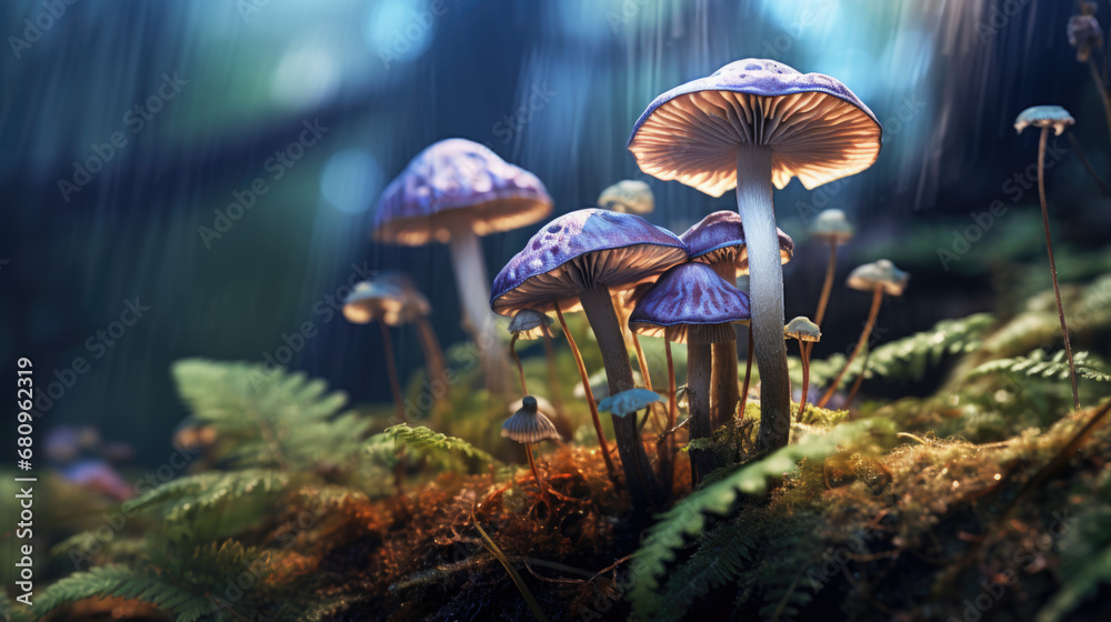 Fototapeta premium beautiful closeup of forest mushrooms in grass, autumn season. little fresh mushrooms, growing in Autumn Forest. mushrooms and leafs in forest.