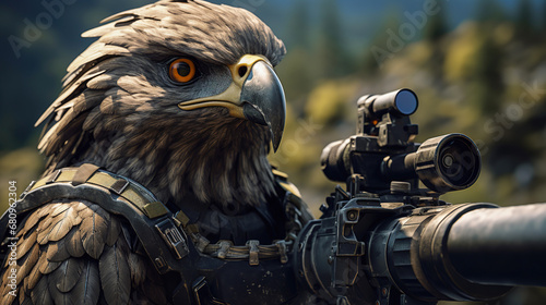 Bald Eagle dressed as a warfare soldier holding a gun. Sniper