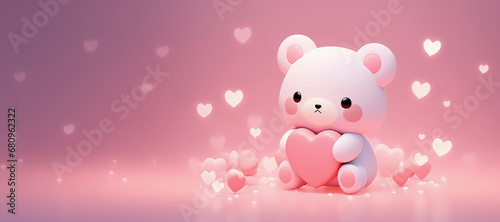 Cute teddy bear is holding a heart and hug with love on mini hearts background