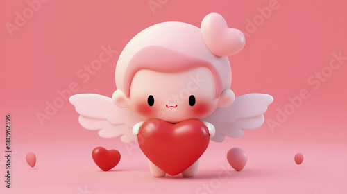 Amur babies. Funny cupid, little angels or god eros. 3D-illustration cupid with heart shape on pink background photo