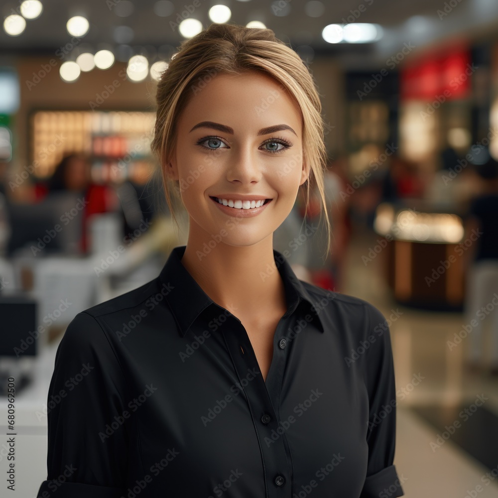 Lovely saleswoman with a big smile. Generative Ai. Lovely saleswoman with a big smile. Generative Ai.