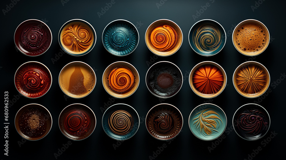 Top view set of coffee cups. Top view set of coffee cups.