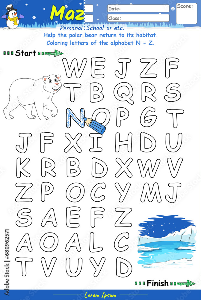 Alphabet Maze Game learning alphabet N to Z with polar bear cartoon