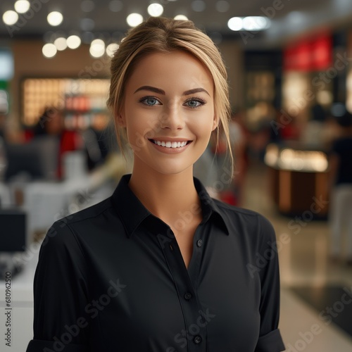 Lovely saleswoman with a big smile. Generative Ai.