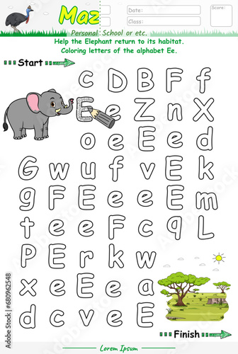 Alphabet Maze Game learning alphabet Ee with Elephant cartoon