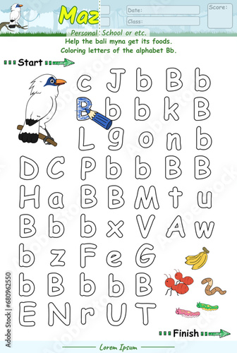 Alphabet Maze Game learning alphabet Bb with Bali myna cartoon