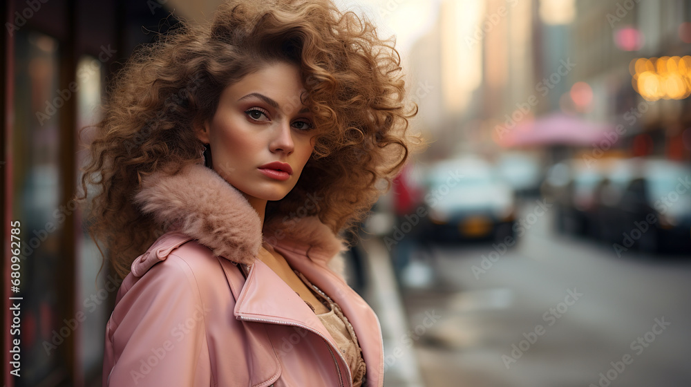 Vintage 1980s Fashion Portrait of Caucasian Woman: A vintage 1980s fashion portrait of a young woman, her hair and makeup styled in the style of the era. Street photo