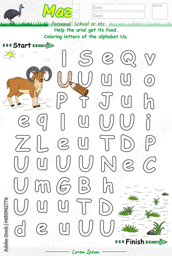Alphabet Maze Game learning alphabet Uu with Urial cartoon