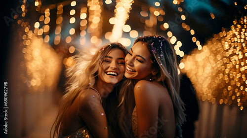 Two young women in gold dresses dance and laugh on golden background in party