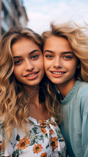 two blond young women laughing and having fun together in nature  Outdoor photo of refined sisters posing on sky background.