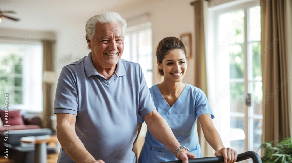 Young nurse helping elderly man walk in the room, holding his hand, supporting him. Treatment and rehabilitation after injury or stroke, life in assisted living facility, senior care concept - obrazy, fototapety, plakaty 