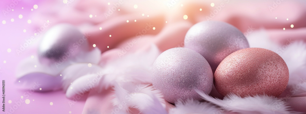 Easter eggs on feather background