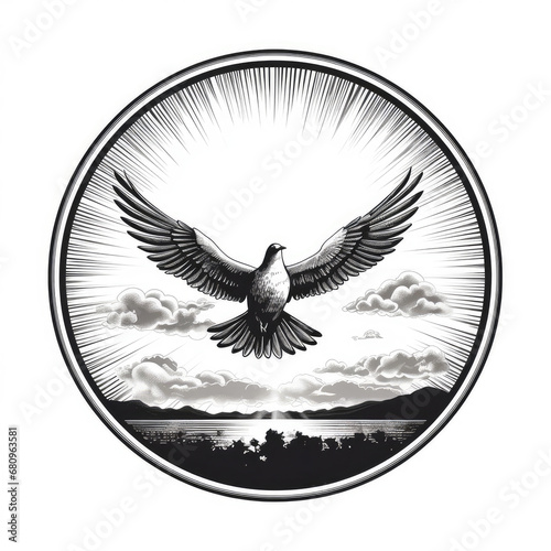 Dove Symbol of peace in a circular frame. Engraving black and white illustration isolated on white background