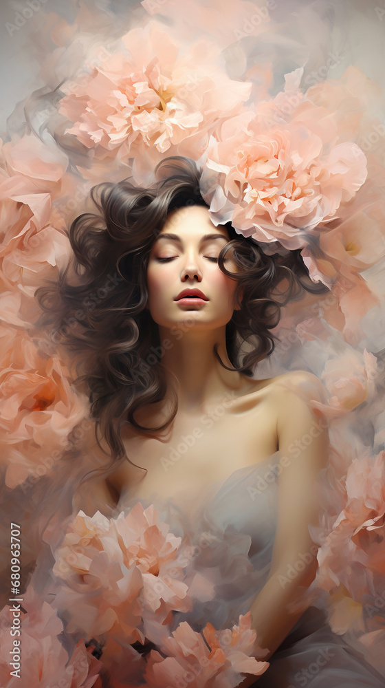 The elegant model woman captivates with a dreamy aura, donning a flower crown atop her head. Surreal abstract woman portrait with flowers on the head. The elegant model woman captivates with a dreamy aura, donning a flower crown atop her head. Surreal abstract woman portrait with flowers on the head.