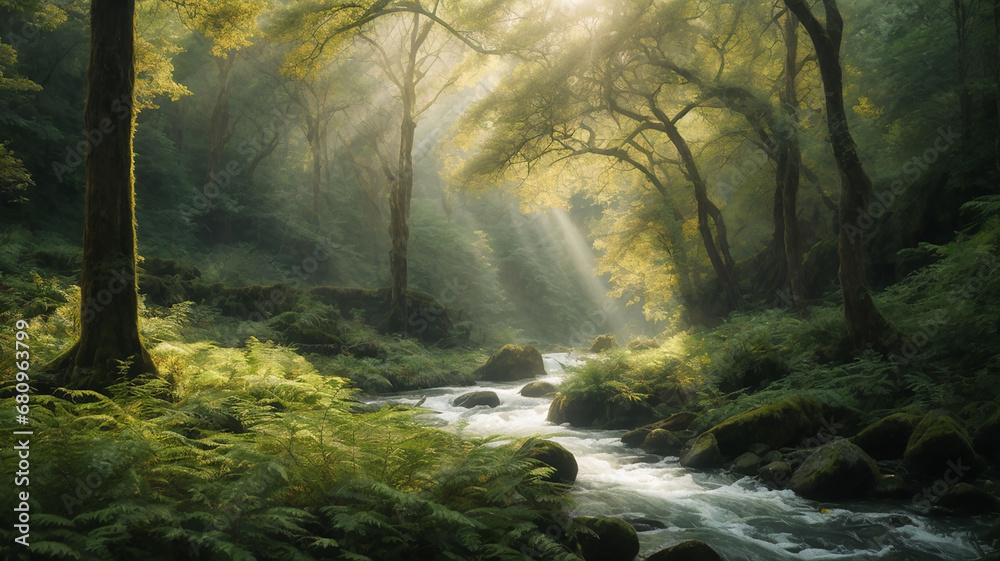 Generate scenes where sunlight dances through the leaves of ancient forests, or where crystal-clear rivers wind their way through lush canyons