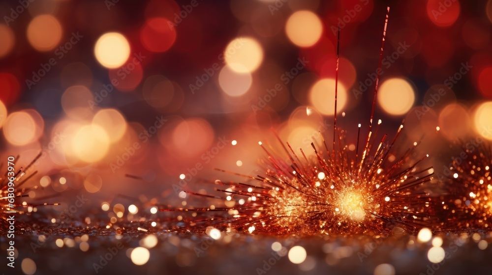 Fireworks and bokeh in gold and dark red. Generative Ai. Fireworks and bokeh in gold and dark red. Generative Ai.