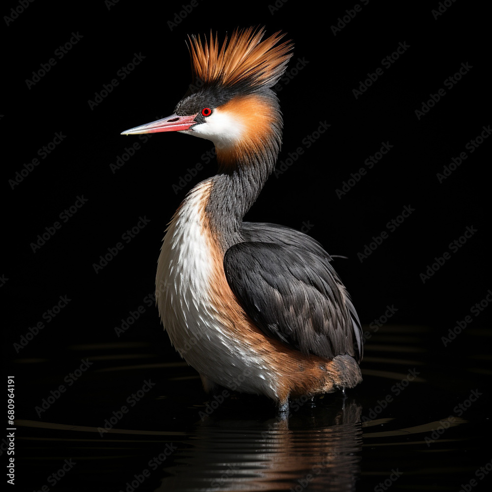 Fototapeta premium Realistic image of an Australian crested grebe standing on the shore of a lake, unusual background.