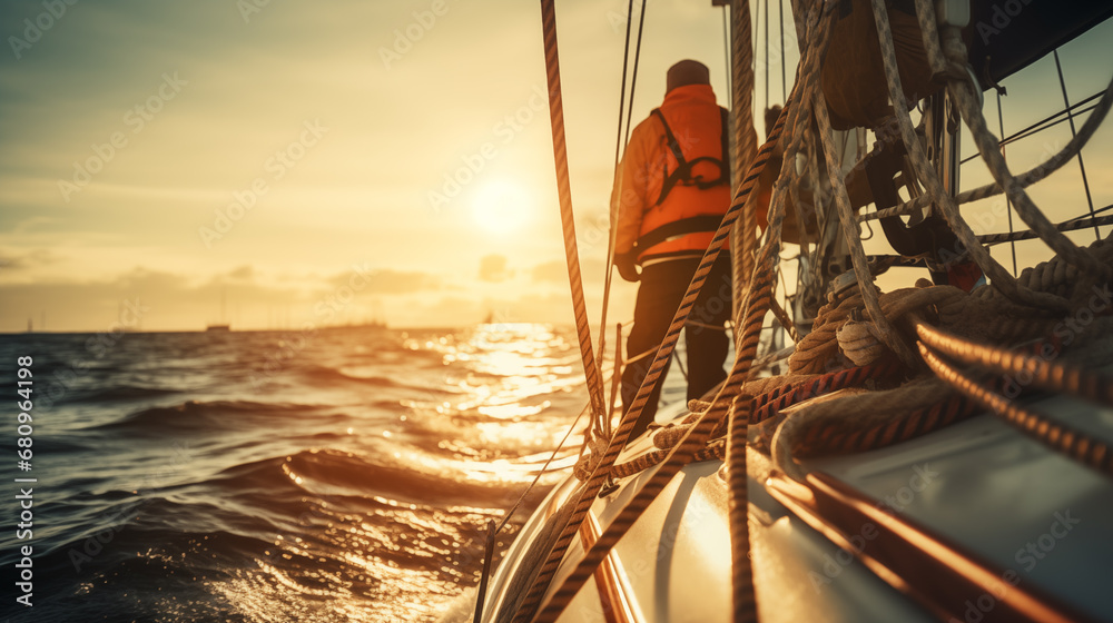 Dynamic sailor on board of the yacht maneuvering with ropes - obrazy, fototapety, plakaty 