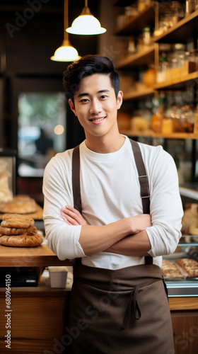 Young asian man baker in bakery shop looking at camera and smiling. Happy male standing with arms crossed in a bakery