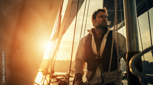 Dynamic sailor on board of the yacht maneuvering with ropes