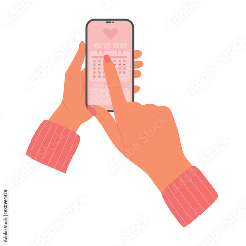 Girl holds phone in hands with a menstruation calendar tracker. Women's health care app. Period ovulation days control. .