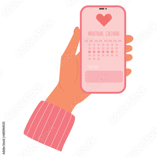 Girl holds phone with a menstruation calendar app. Women's health care tracker. Period ovulation days app. .