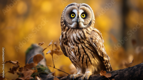 Cute young short-eared owl (Asio flammeus) sits on a tree