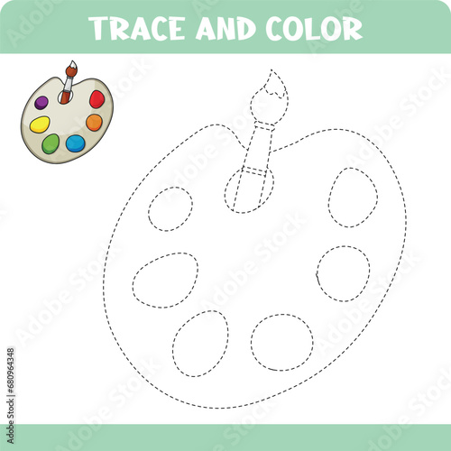 Trace and color educational worksheet for kids. Tracing palette. Activity color pages.
