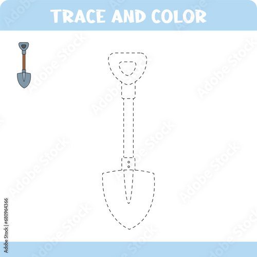 Trace and color educational worksheet for kids. Tracing shovel. Activity color pages.
