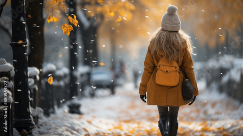 Cute little girl with back pack standing and looking front, on cold day in winter through a road with yellow winter jackets in day on a street and surrounded by trees