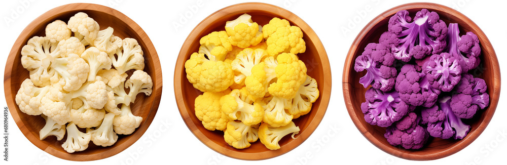 cauliflower in wooden bowl collection, three different colours (white, yellow, purple), top view, isolated on transparent background cauliflower in wooden bowl collection, three different colours (white, yellow, purple), top view, isolated on transparent background