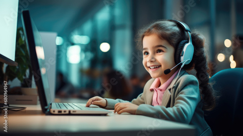 Smiling little Caucasian girl in headphones handwrite study online using laptop at home, cute happy small child in earphones take Internet web lesson or class on computer, homeschooling concept