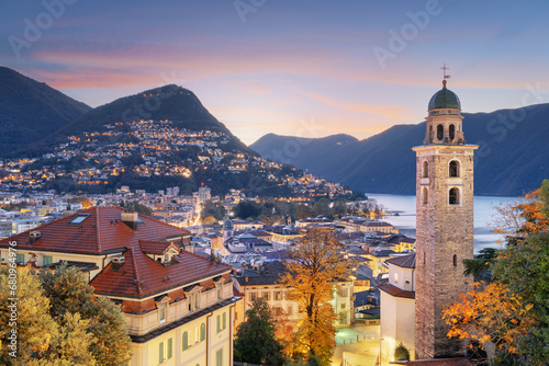 Lugano, Switzerland on Lake Lugano in Autumn photo