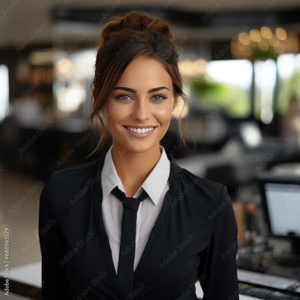Lovely saleswoman with a big smile. Generative Ai. Lovely saleswoman with a big smile. Generative Ai.