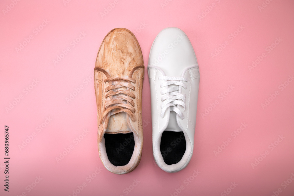 Closeup view of dirty and clean white sneakers - obrazy, fototapety, plakaty 
