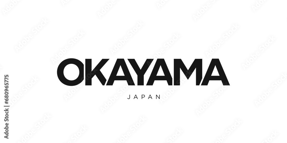 Okayama in the Japan emblem. The design features a geometric style, vector illustration with bold typography in a modern font. The graphic slogan lettering.