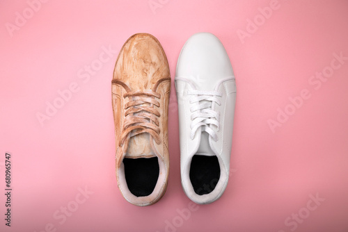 Closeup view of dirty and clean white sneakers photo