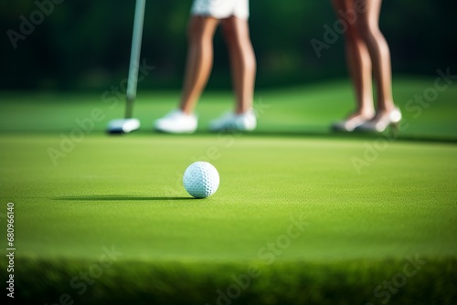 Focused Golf Ball on Vibrant Green with Blurred Golfers in Background