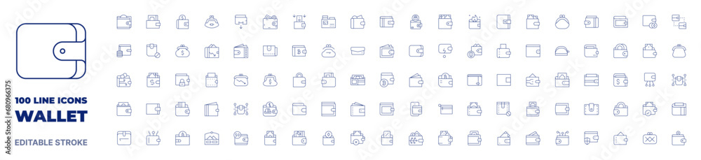 100 icons Wallet collection. Thin line icon. Editable stroke. Wallet icons for web and mobile app.